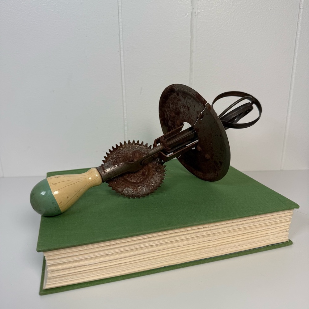 Antique (Green & Cream) A&J Kitchen Egg Beater Wood Handle Farmhouse Decor
